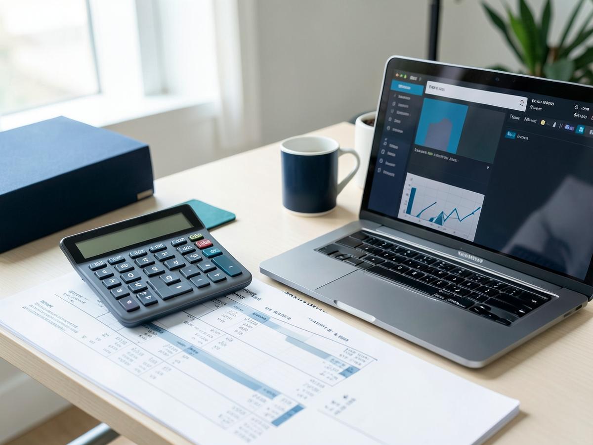 Calculator, pen and financial statements on a desk