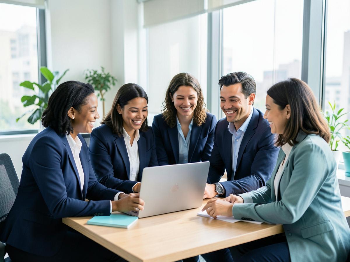 A small business team collaborating around a laptop in a bright office